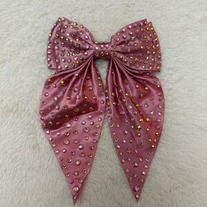 New Handcrafted Rose Pink Satin Rhinestone Hair Bow 5”x 8”Crystal Bling Barrette
